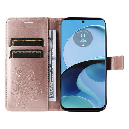 KT Imprinting Flower Series-2 For Motorola Moto G14 4G Case PU Leather Wallet Stand Butterfly Imprint Phone Cover