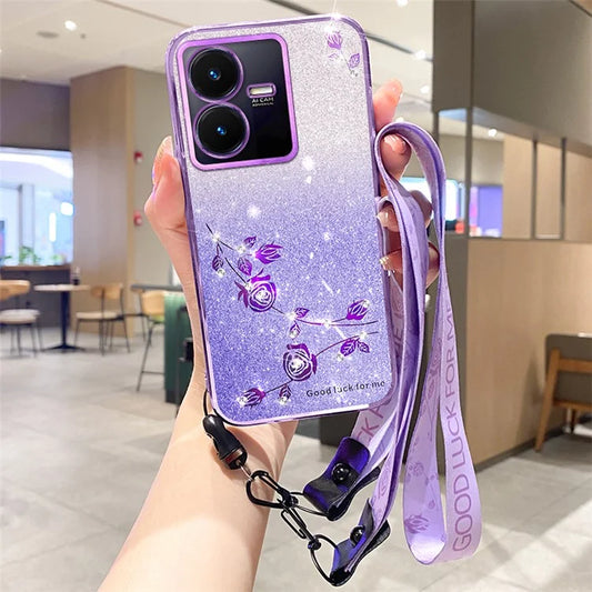 KADEM For vivo Y22 4G / Y22s 4G Case Shiny Flower Pattern TPU Phone Cover with Strap