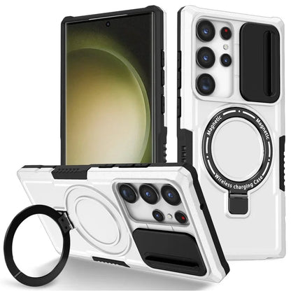 For Samsung Galaxy S23 Ultra Case Slide Lens Window Kickstand Phone Cover / White