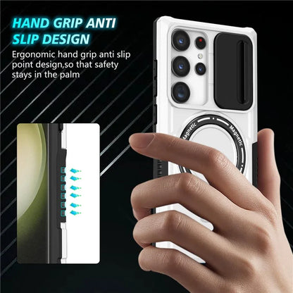 For Samsung Galaxy S23 Ultra Case Slide Lens Window Kickstand Phone Cover / White