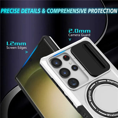 For Samsung Galaxy S23 Ultra Case Slide Lens Window Kickstand Phone Cover / White