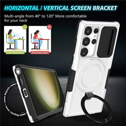 For Samsung Galaxy S23 Ultra Case Slide Lens Window Kickstand Phone Cover / White