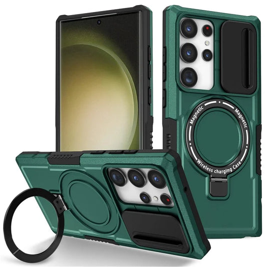 For Samsung Galaxy S23 Ultra Case Slide Lens Window Kickstand Phone Coverish Green