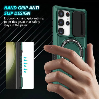 For Samsung Galaxy S23 Ultra Case Slide Lens Window Kickstand Phone Coverish Green
