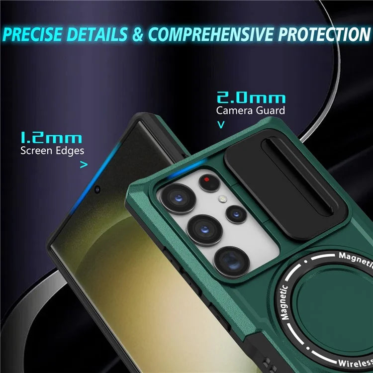 For Samsung Galaxy S23 Ultra Case Slide Lens Window Kickstand Phone Coverish Green