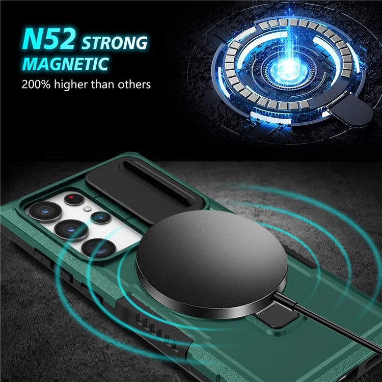 For Samsung Galaxy S23 Ultra Case Slide Lens Window Kickstand Phone Coverish Green