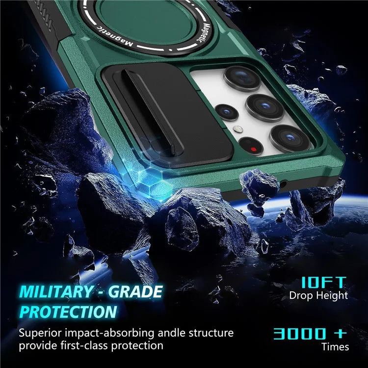 For Samsung Galaxy S23 Ultra Case Slide Lens Window Kickstand Phone Coverish Green
