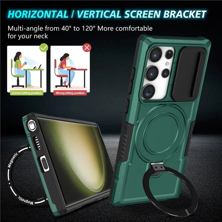 For Samsung Galaxy S23 Ultra Case Slide Lens Window Kickstand Phone Coverish Green