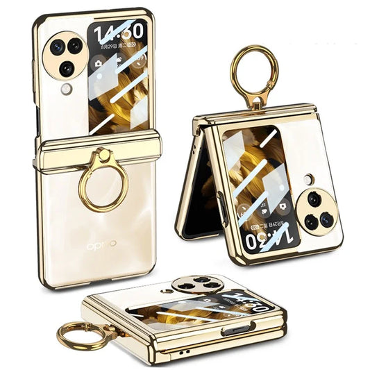 GKK For Oppo Find N3 Flip 5G Clear Case Kickstand Electroplating PC Cover with Rear Screen Film