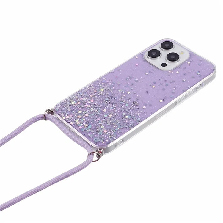 AW Series for iPhone 15 Pro Max Case Shockproof Phone Shell Glitter Epoxy TPU Cover with Lanyard