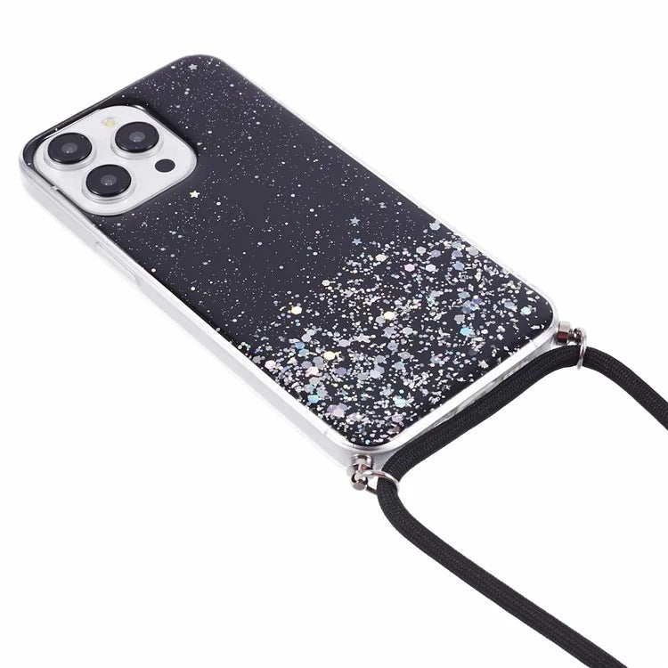 AW Series for iPhone 15 Pro Max Case Shockproof Phone Shell Glitter Epoxy TPU Cover with Lanyard