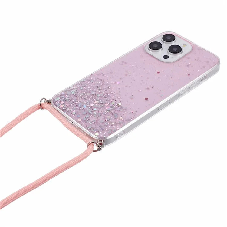 AW Series Epoxy TPU Phone Cover for iPhone 14 Pro Max Cell Phone Case Sparkle Shell with Lanyard