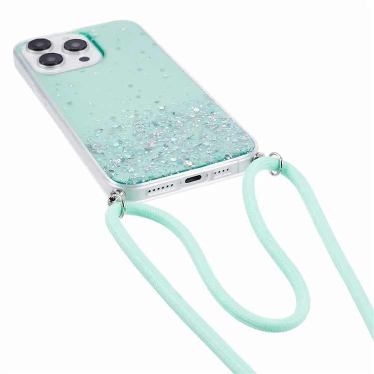AW Series for iPhone 13 Pro TPU Phone Shell Case Sparkle Epoxy Phone Cover with Lanyard