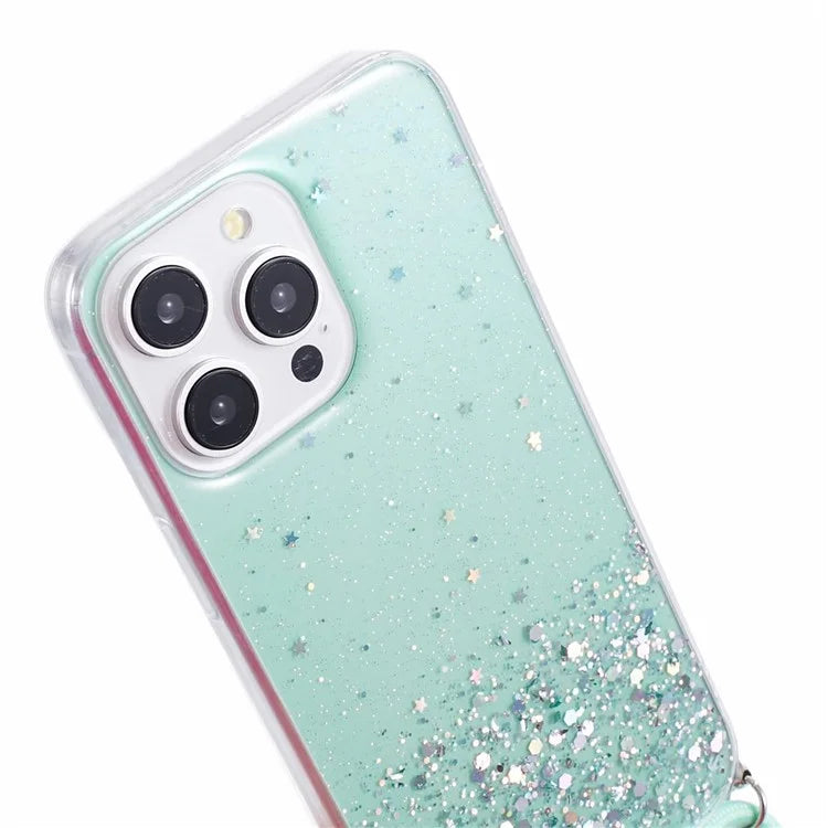 AW Series for iPhone 13 Pro TPU Phone Shell Case Sparkle Epoxy Phone Cover with Lanyard