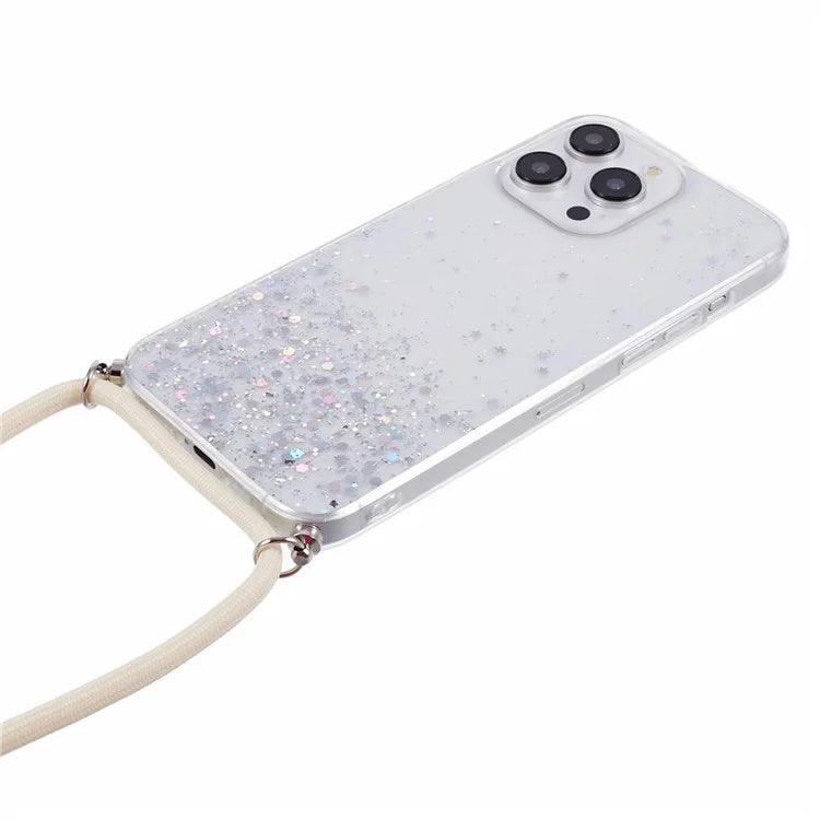 AW Series for iPhone 13 Pro TPU Phone Shell Case Sparkle Epoxy Phone Cover with Lanyard