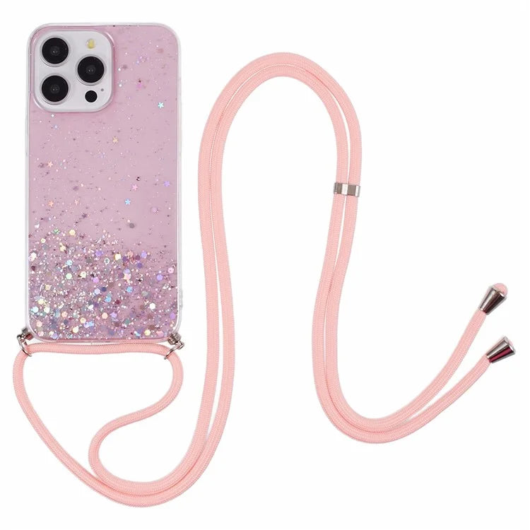 AW Series for iPhone 13 Pro TPU Phone Shell Case Sparkle Epoxy Phone Cover with Lanyard