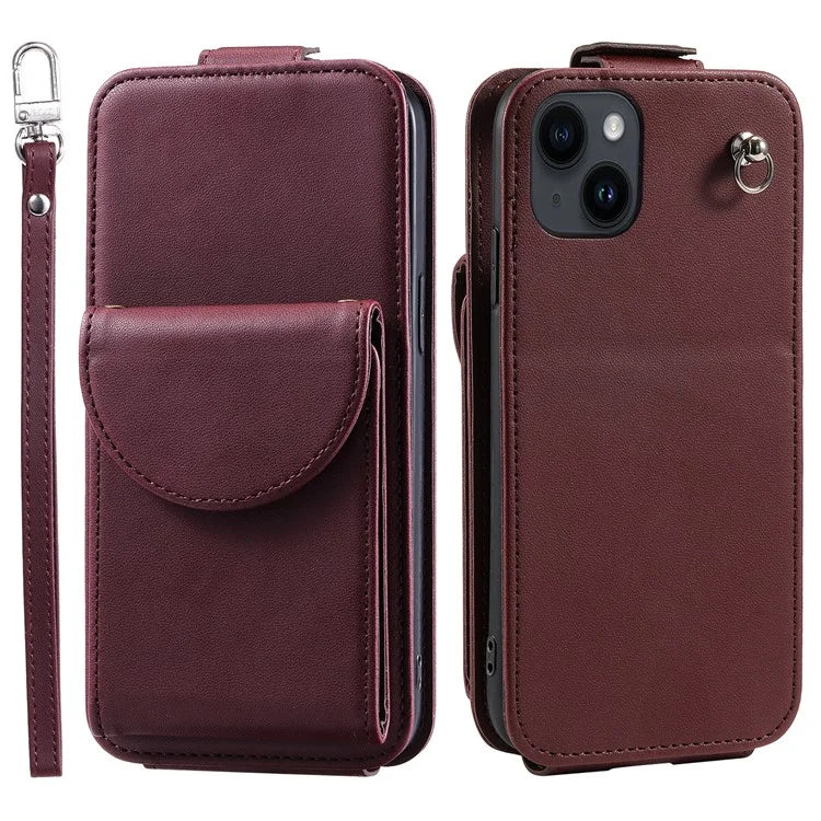 For iPhone 15 Plus Leather Case Wallet Vertical Flip Phone Cover with Straps