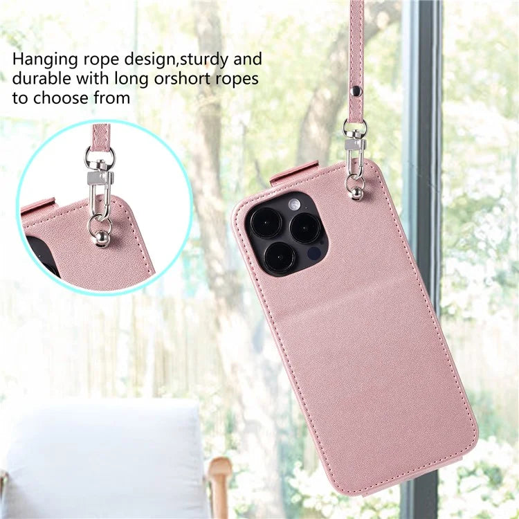 For iPhone 15 Pro Case Wallet Stand PU Leather Phone Cover with Straps