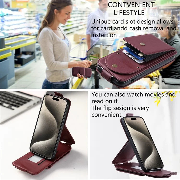 For iPhone 15 Pro Max Case Wallet PU Leather Phone Stand Cover with Straps