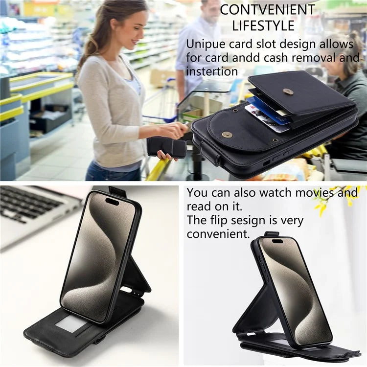 For iPhone 14 Pro Case Card Bag PU Leather Vertical Flip Phone Cover with Straps