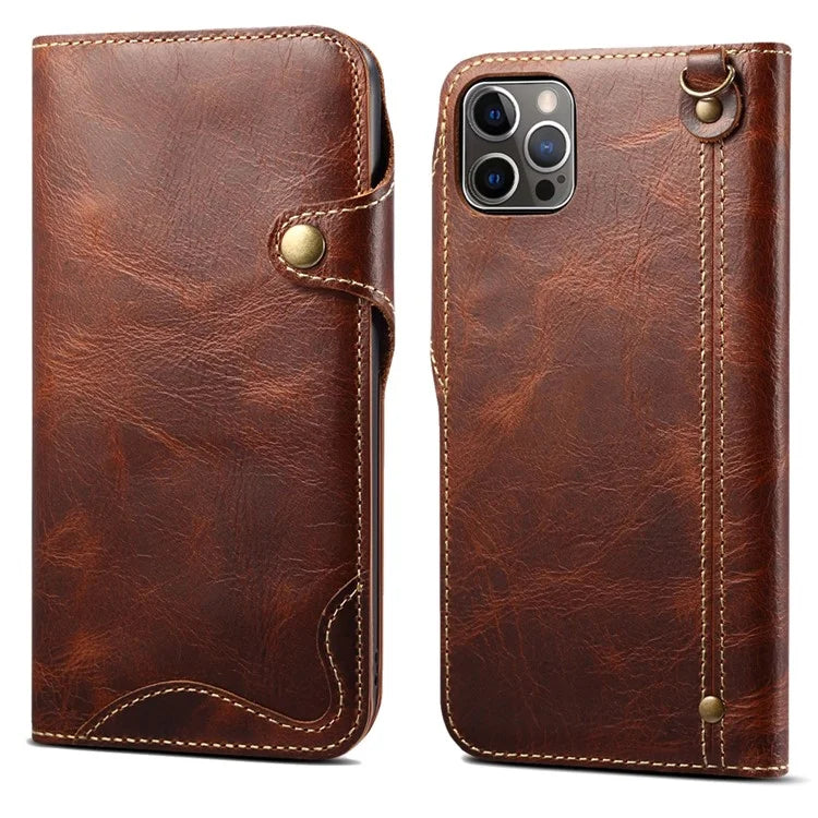 For iPhone 15 Pro Max Case Anti-scratch Waxy Genuine Cow Leather Phone Wallet Cover