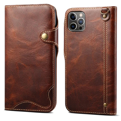 For iPhone 15 Pro Max Case Anti-scratch Waxy Genuine Cow Leather Phone Wallet Cover