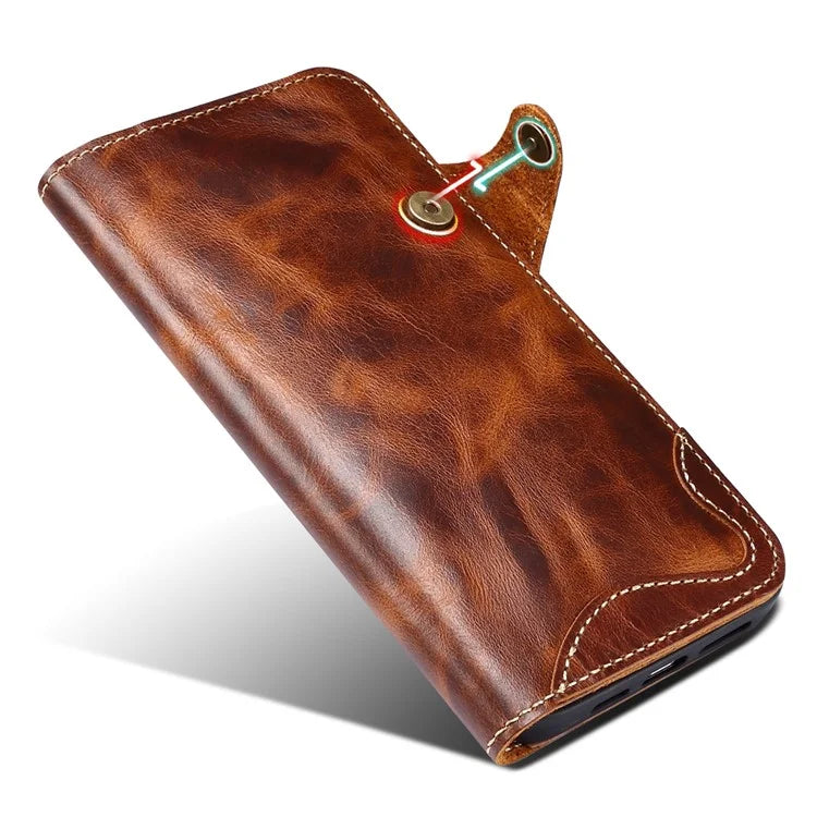 For iPhone 15 Pro Max Case Anti-scratch Waxy Genuine Cow Leather Phone Wallet Cover
