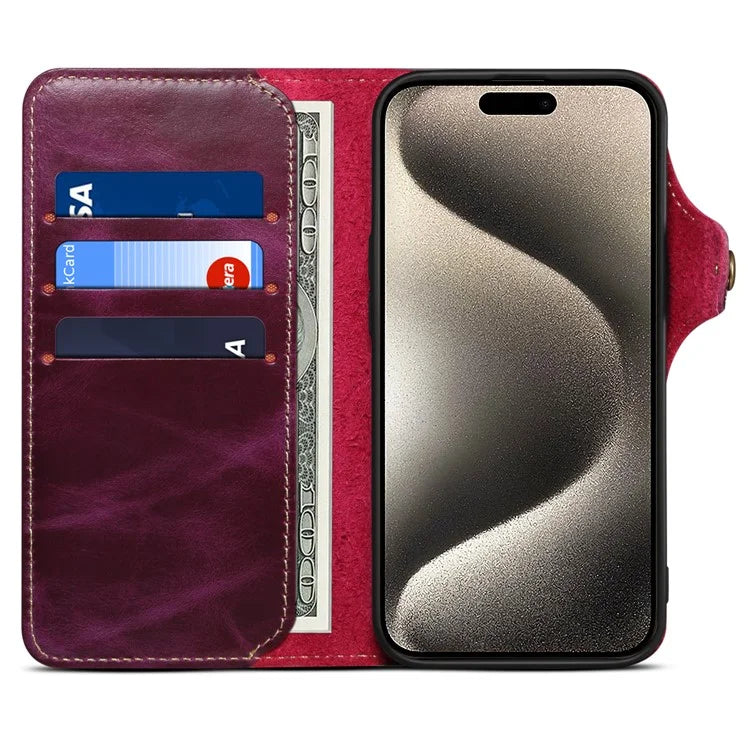 For iPhone 15 Pro Max Case Anti-scratch Waxy Genuine Cow Leather Phone Wallet Cover