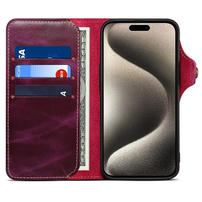 For iPhone 15 Pro Max Case Anti-scratch Waxy Genuine Cow Leather Phone Wallet Cover