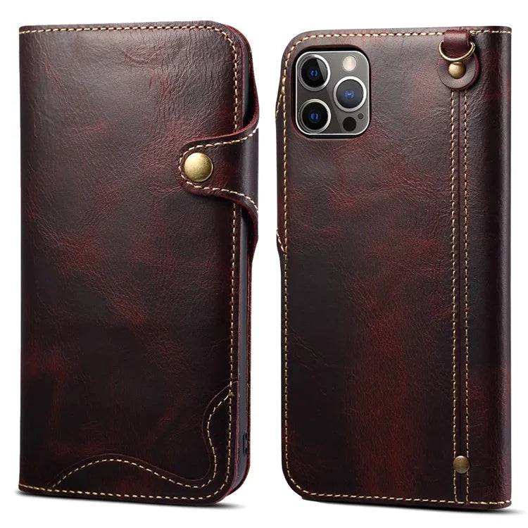 For iPhone 15 Pro Max Case Anti-scratch Waxy Genuine Cow Leather Phone Wallet Cover