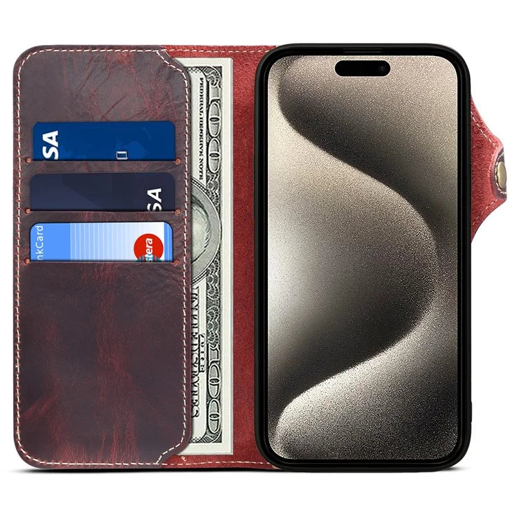 For iPhone 15 Pro Max Case Anti-scratch Waxy Genuine Cow Leather Phone Wallet Cover