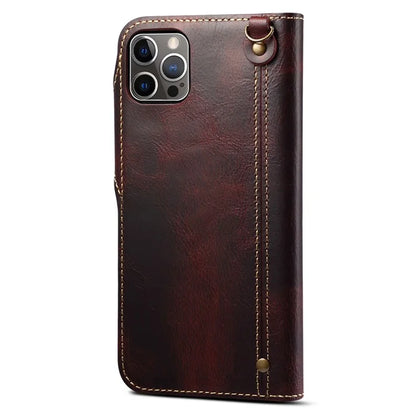 For iPhone 15 Pro Max Case Anti-scratch Waxy Genuine Cow Leather Phone Wallet Cover