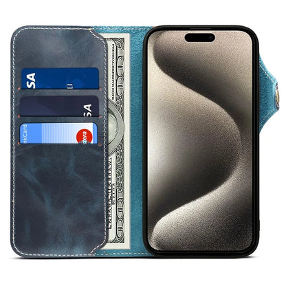 For iPhone 15 Pro Max Case Anti-scratch Waxy Genuine Cow Leather Phone Wallet Cover