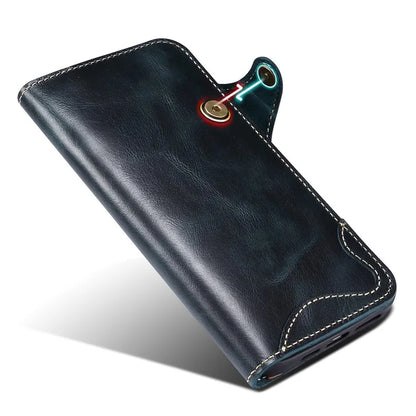 For iPhone 15 Pro Max Case Anti-scratch Waxy Genuine Cow Leather Phone Wallet Cover