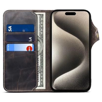 For iPhone 15 Pro Max Case Anti-scratch Waxy Genuine Cow Leather Phone Wallet Cover