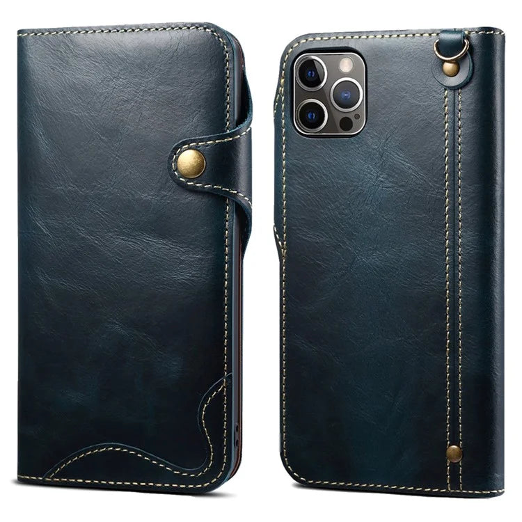 For iPhone 15 Pro Case Waxy Genuine Cow Leather Phone Wallet Shockproof Cover