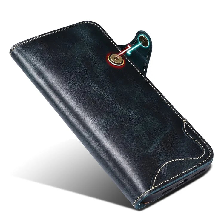 For iPhone 15 Pro Case Waxy Genuine Cow Leather Phone Wallet Shockproof Cover