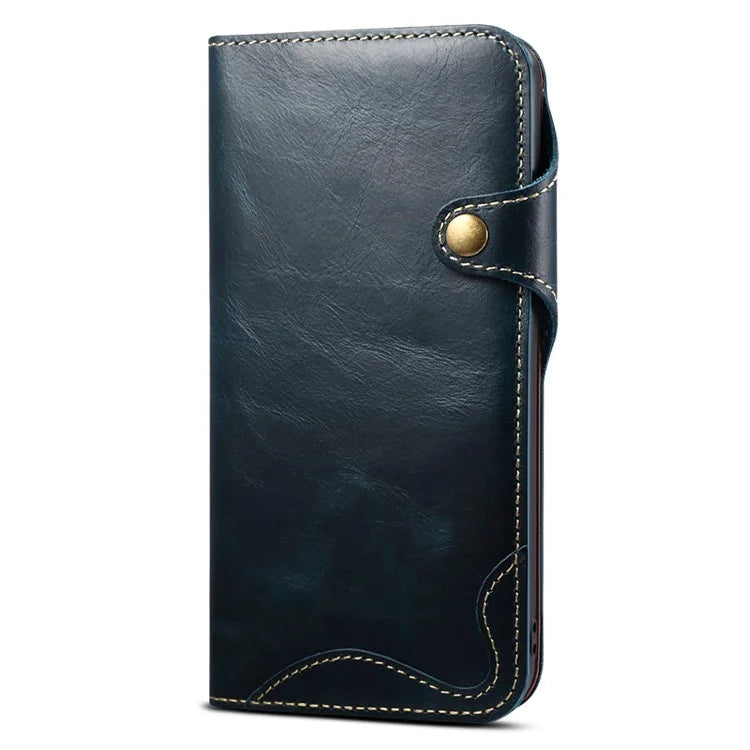 For iPhone 15 Pro Case Waxy Genuine Cow Leather Phone Wallet Shockproof Cover