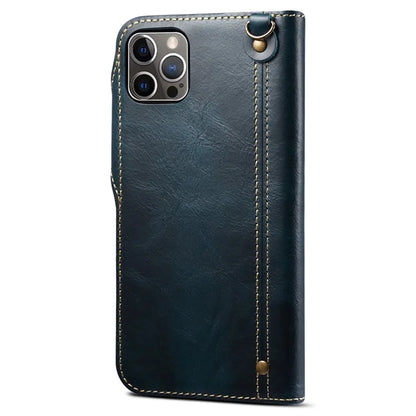 For iPhone 15 Pro Case Waxy Genuine Cow Leather Phone Wallet Shockproof Cover