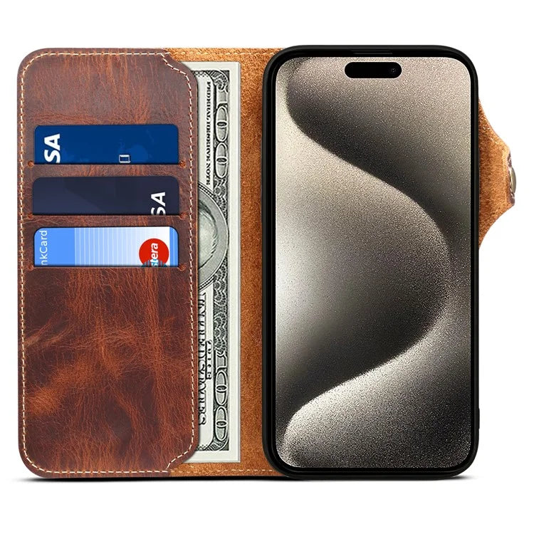 For iPhone 15 Pro Case Waxy Genuine Cow Leather Phone Wallet Shockproof Cover