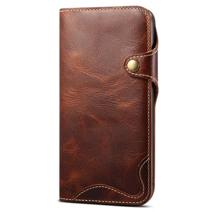For iPhone 15 Pro Case Waxy Genuine Cow Leather Phone Wallet Shockproof Cover