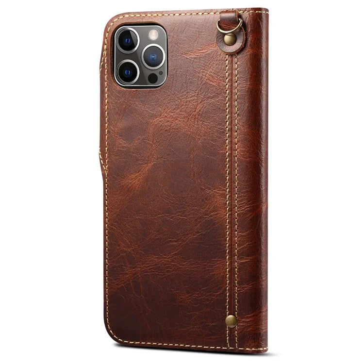 For iPhone 15 Pro Case Waxy Genuine Cow Leather Phone Wallet Shockproof Cover