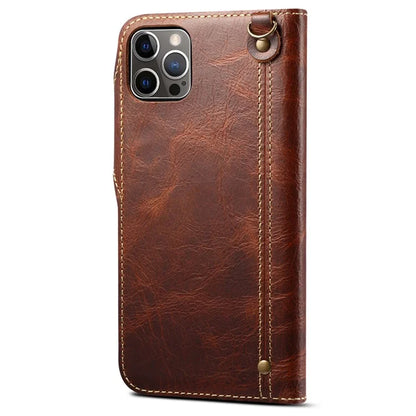 For iPhone 15 Pro Case Waxy Genuine Cow Leather Phone Wallet Shockproof Cover