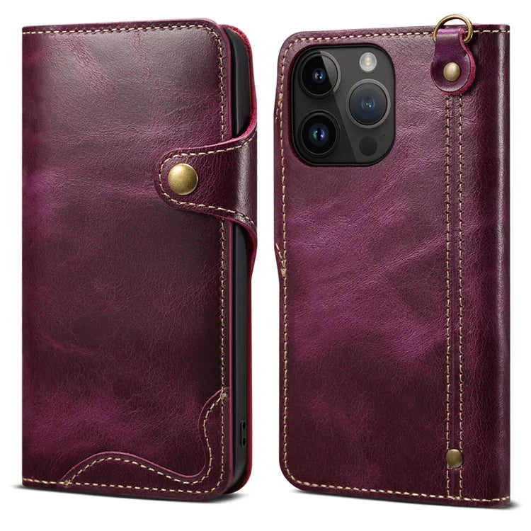 For iPhone 15 Pro Case Waxy Genuine Cow Leather Phone Wallet Shockproof Cover