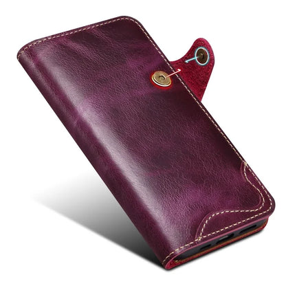 For iPhone 15 Pro Case Waxy Genuine Cow Leather Phone Wallet Shockproof Cover