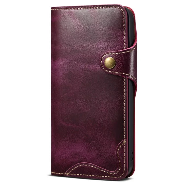 For iPhone 15 Pro Case Waxy Genuine Cow Leather Phone Wallet Shockproof Cover