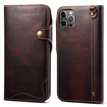For iPhone 15 Pro Case Waxy Genuine Cow Leather Phone Wallet Shockproof Cover