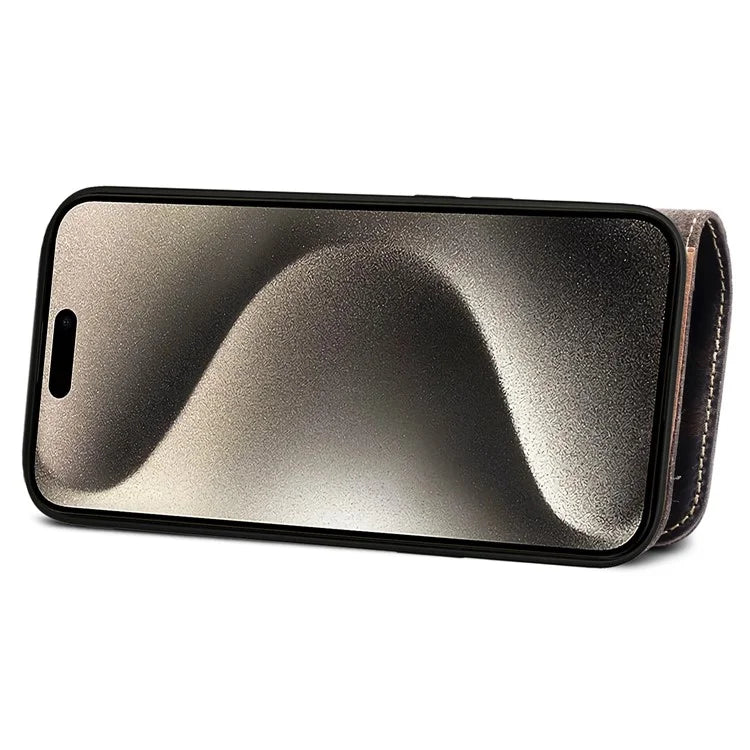 For iPhone 15 Pro Case Waxy Genuine Cow Leather Phone Wallet Shockproof Cover