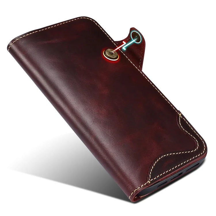For iPhone 15 Pro Case Waxy Genuine Cow Leather Phone Wallet Shockproof Cover