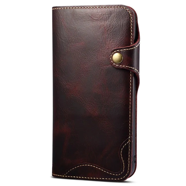 For iPhone 15 Pro Case Waxy Genuine Cow Leather Phone Wallet Shockproof Cover